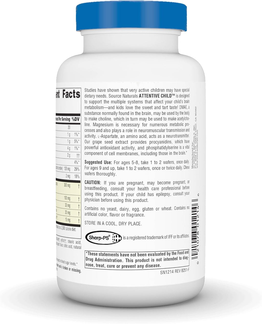 Source Naturals Attentive Child - Cognitive Support for Kids with DMAE, Magnesium, Zinc & Grape Seed Extract - 60 Chewable Wafers