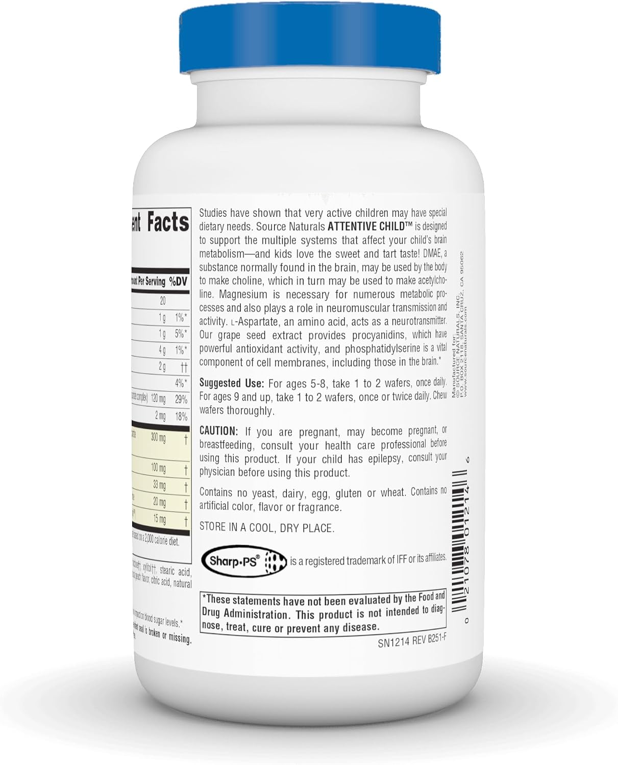 Source Naturals Attentive Child - Cognitive Support for Kids with DMAE, Magnesium, Zinc & Grape Seed Extract - 60 Chewable Wafers