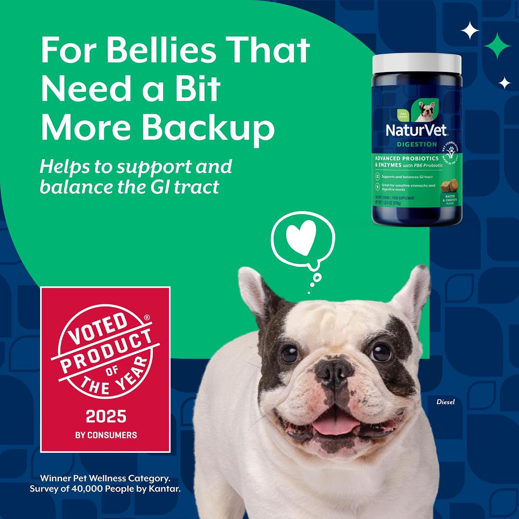 NaturVet Probióticos y Enzimas Avanzados PB6 - Masticables para Perros - Sabor Bacon Ahumado - 240 Unidades