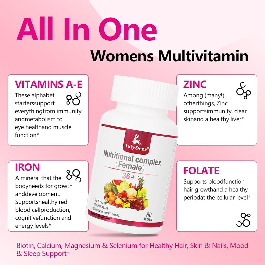 JulyDeer Multivitamínico Diario para Mujeres - Complejo Multimineral y Multivitamínico con Vitaminas A, C, D, E y Complejo B, Zinc y Más - 60 Comprimidos
