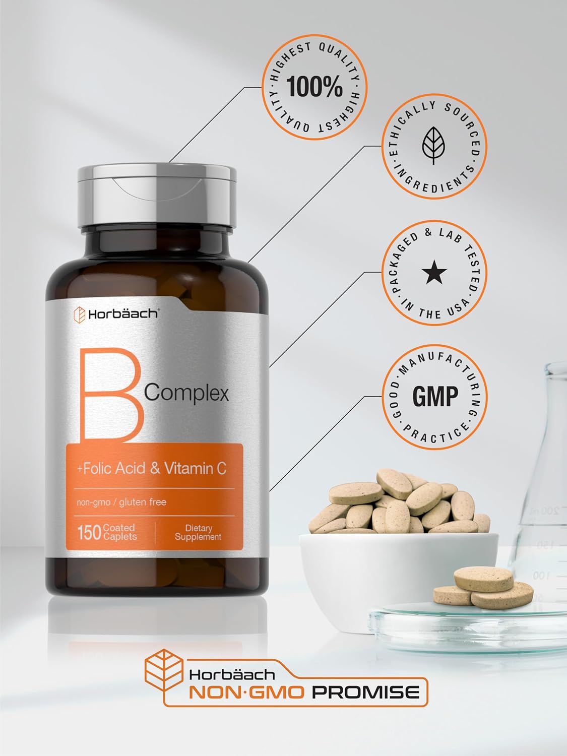Horbaach Complejo B para Mujeres y Hombres | 150 Comprimidos | con Ácido Fólico y Vitamina C | Suplemento Sin Gluten y No Transgénico