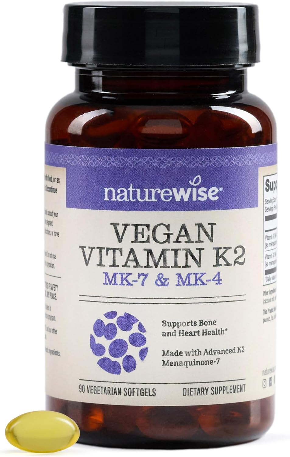 NatureWise Vitamina K2 600mcg con MK-7 100mcg y MK-4 500mcg - Complejo K para Huesos y Corazón - Vegano, Sin Gluten - 90 Cápsulas Blandas