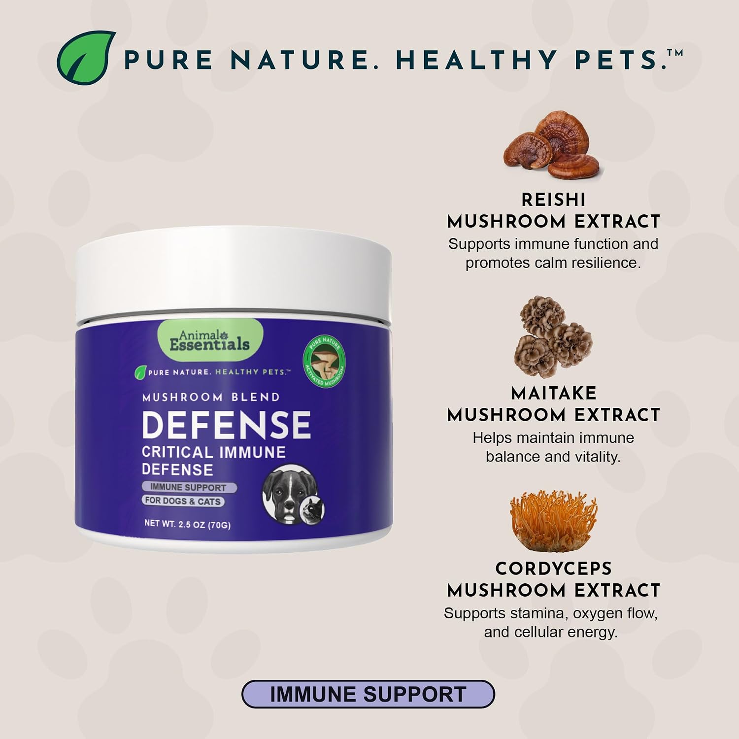 Animal Essentials MUSHROOM DEFENSE - Suplemento de setas para perros y gatos, extracto en polvo, 70g