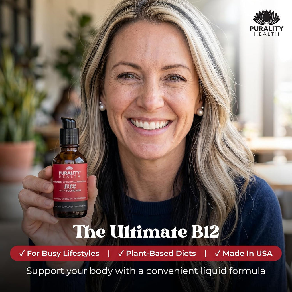 PURALITY HEALTH Liposomal Liquid Vitamin B12 with Fulvic Acid, 2500 mcg. Methylcobalamin combined with Organic Glycerine Extract for Maximum Absorption, Energy Boost, Vegan