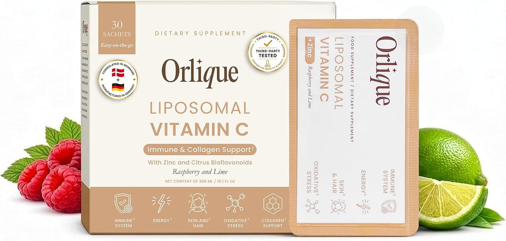 Orlique Vitamina C Liposomal 1000 mg con Zinc y Bioflavonoides | Sabor Lima y Frambuesa | 30 Sobres