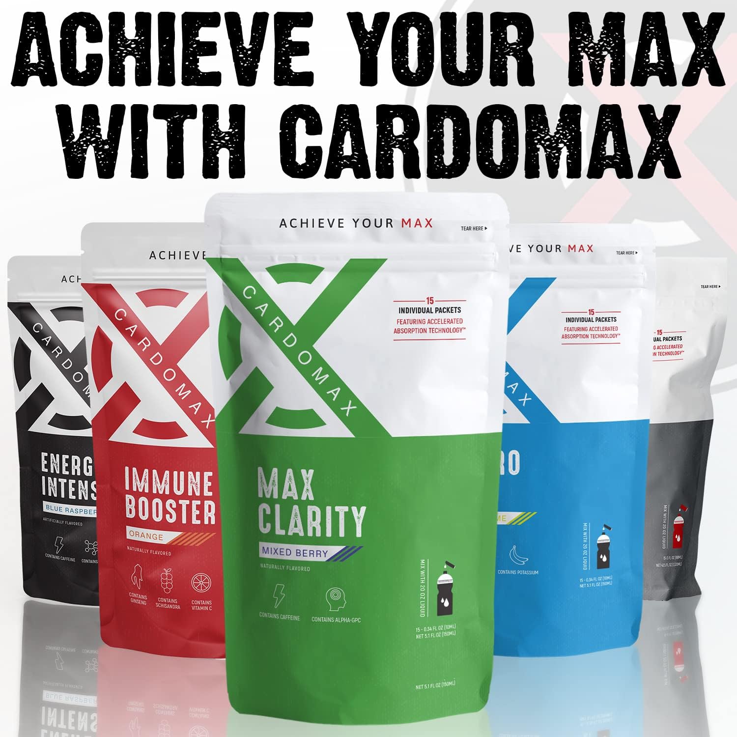 CardoMax Max Clarity - Suplemento Nootrópico Líquido con Alpha GPC, L-Teanina y Cafeína - 15 Stick Packs - Sabor a Bayas Mixtas