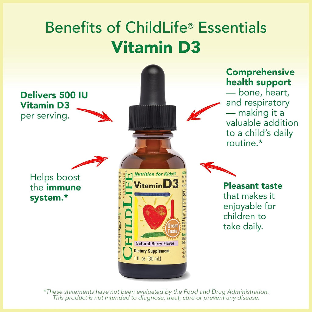 ChildLife Essentials Gotas de Vitamina D3 para Bebés - 500 IU, Sabor a Bayas, 2 Envases