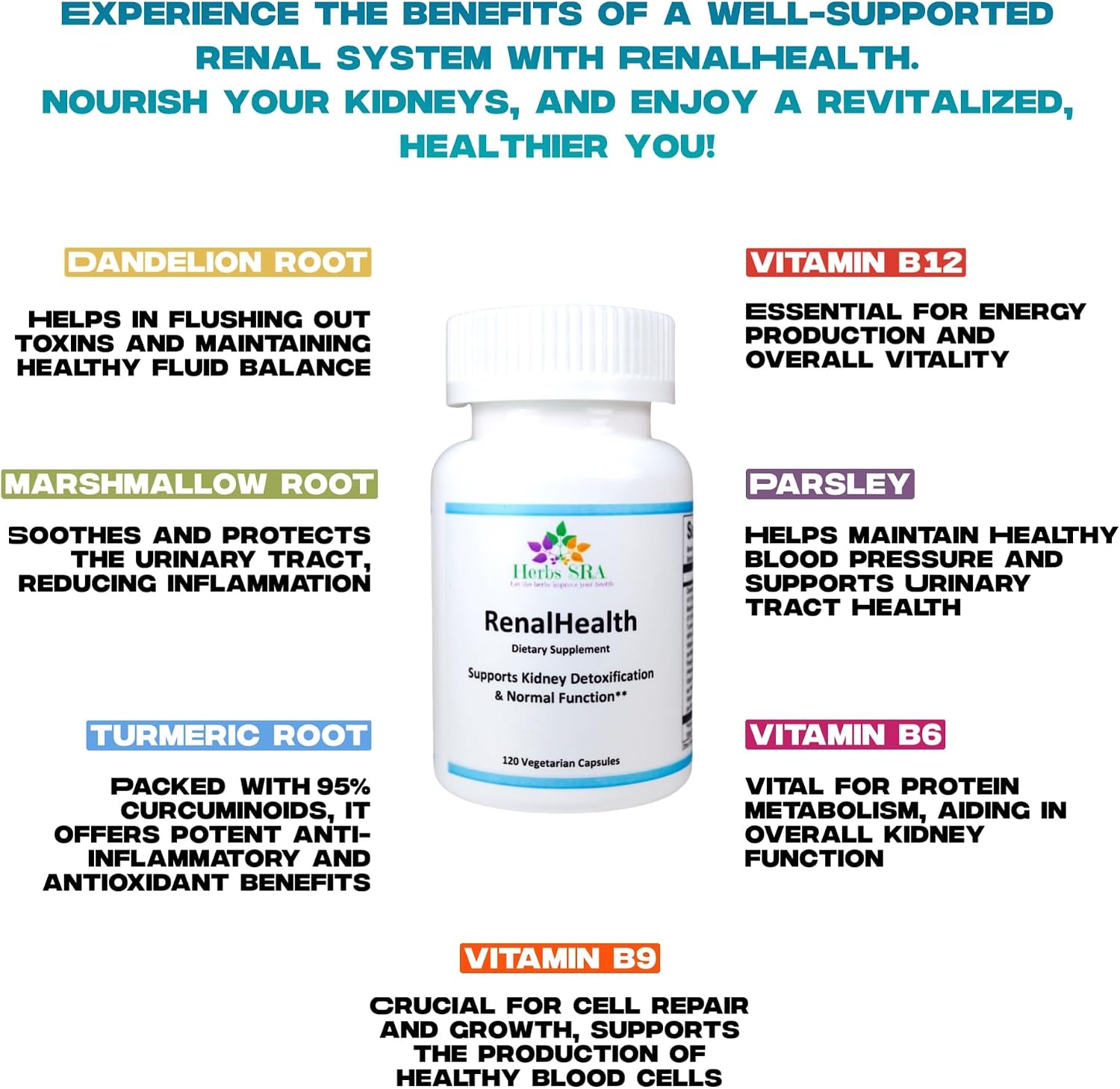 Herbs SRA RenalHealth Suplemento de Apoyo Renal y Urinario, 120 Cápsulas Vegetarianas
