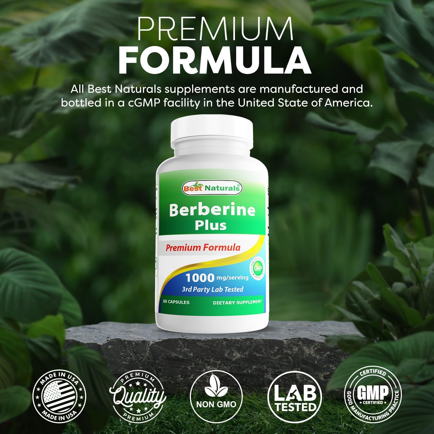 Best Naturals Berberine Plus 1000mg por porción, 60 cápsulas - Contiene Berberina HCL 1000mg, Vitamina C 120mg y Gluconato de Zinc 30mg