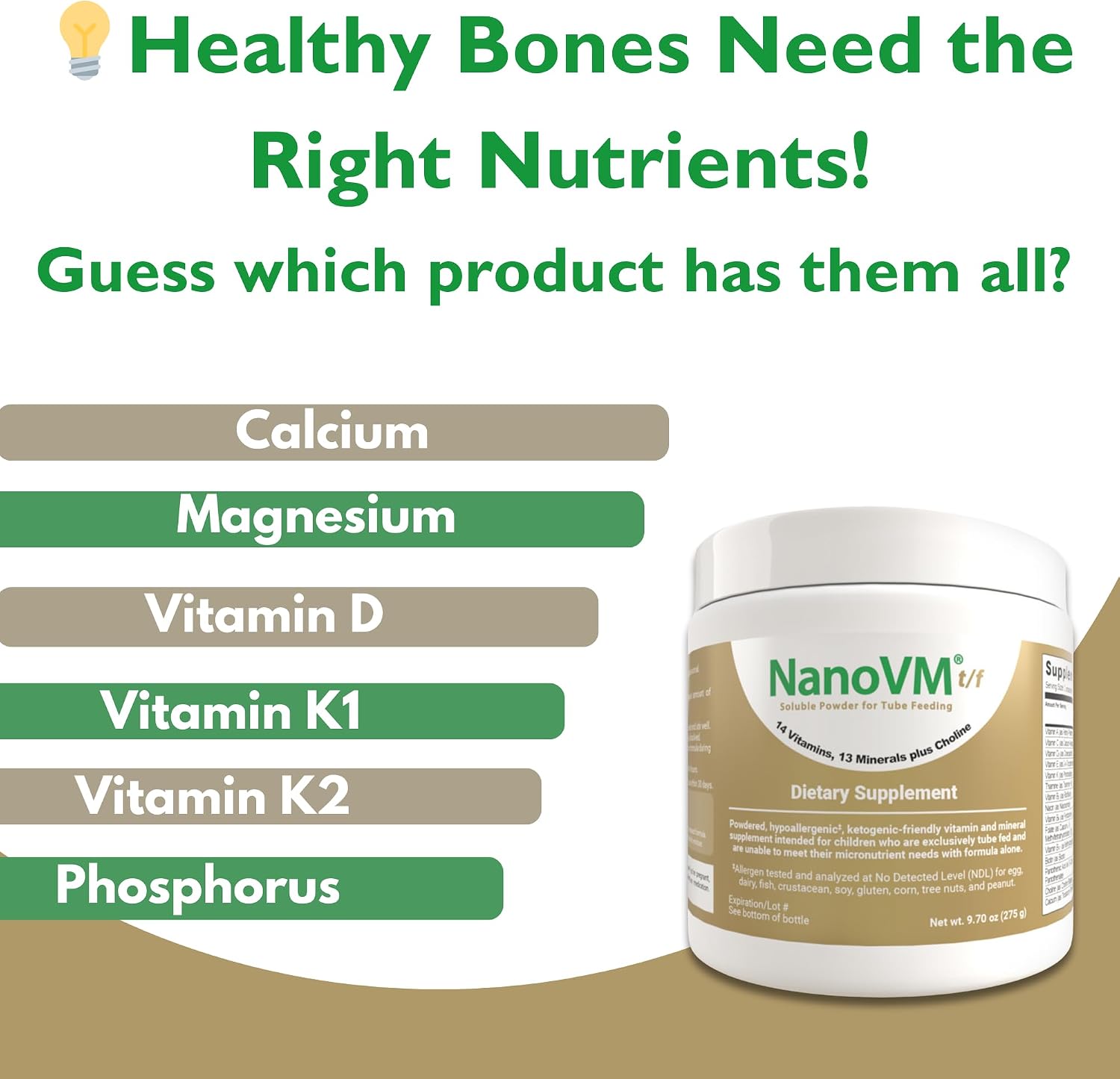 NanoVM t/f, Complemento Alimenticio para Nutrición por Sonda, Multivitamínico Infantil Hipoalergénico, Polvo sin Sabor con 14 Vitaminas y 13 Minerales, Bajo en Carbohidratos, 275 g – Solace Nutrition
