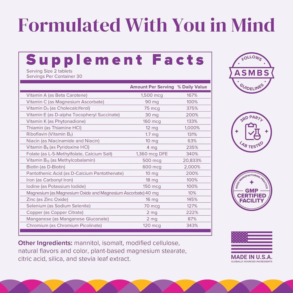 BariMelts Multivitamínico Bariátrico con Hierro - Suministro para 1 Mes (60 Comprimidos de Disolución Rápida) - Sin Azúcar - Vitaminas Postoperatorias - Sabor Natural a Arándanos