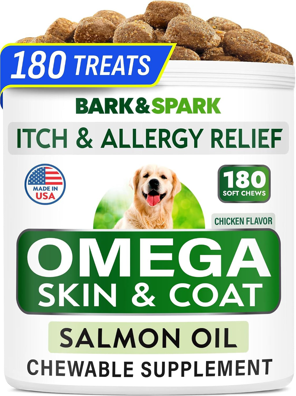 BARK&SPARK Omega 3 para Perros - 180 Golosinas de Aceite de Salmón con EPA y DHA