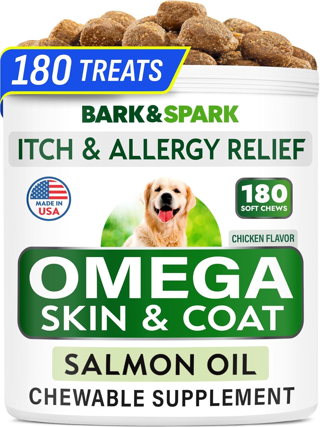 BARK&SPARK Omega 3 para Perros - 360 Golosinas de Aceite de Salmón con EPA y DHA - Suplemento para la Piel, el Pelaje y las Articulaciones - Sabor a Bacon