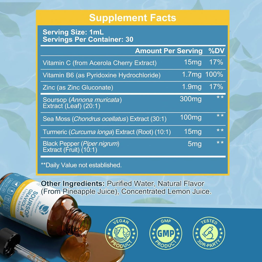 Lukaree Extracto Líquido de Graviola y Musgo Marino con Vitamina C y Zinc – 2 Envases (60 ml), Sabor Piña