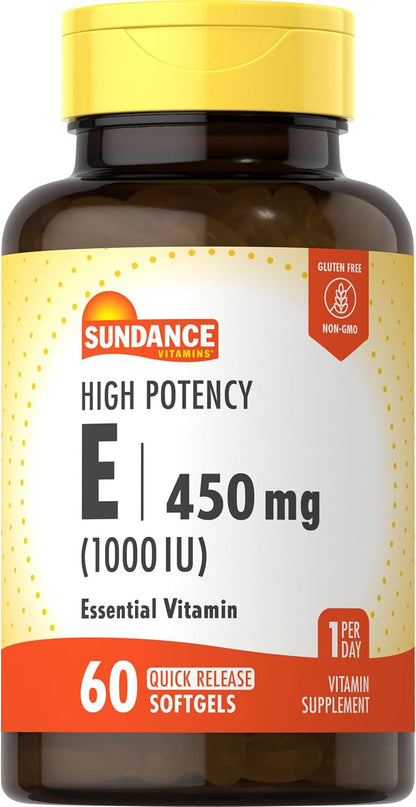 Sundance High Potency Vitamin E | 450mg (1000 IU) | 60 Softgels | Essential Vitamin Supplement | Non-GMO and Gluten Free – Image 1