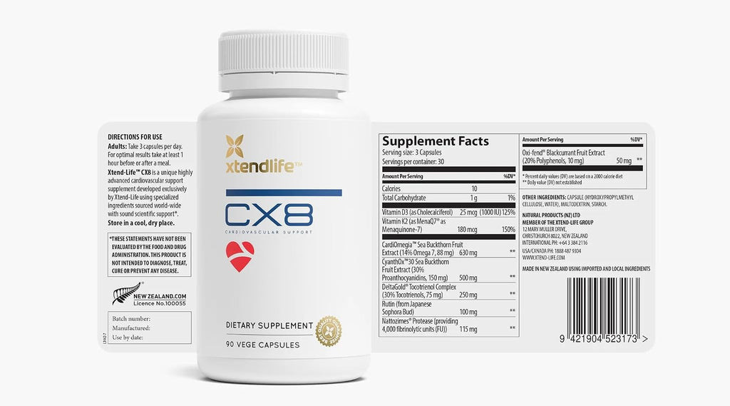 Xtendlife CX8 Suplemento para la Salud Cardiovascular con Vitamina K2 MK7, D3, Tocotrienoles y Espino Amarillo (30 días)