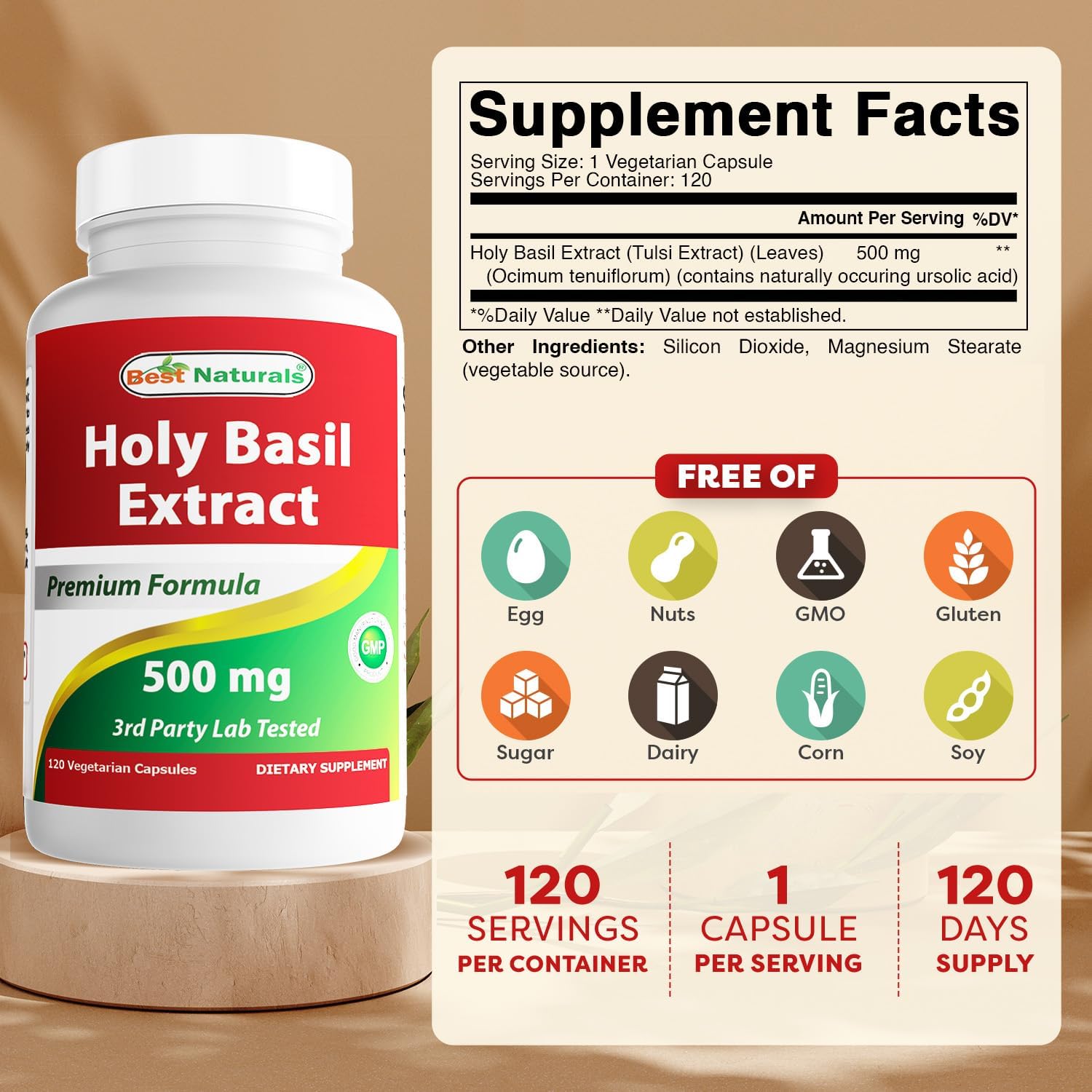 Best Naturals Extracto de Holy Basil 500 mg, 120 Cápsulas Vegetales (Pack de 2)