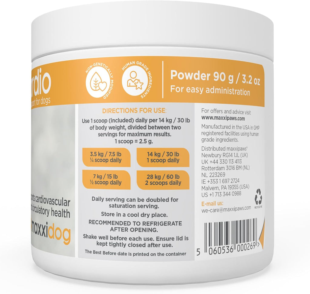 maxxicardio Heart Support para Perros Pequeños – Taurina, L-Carnitina, Espino, Ginkgo – Polvo 3.2 oz