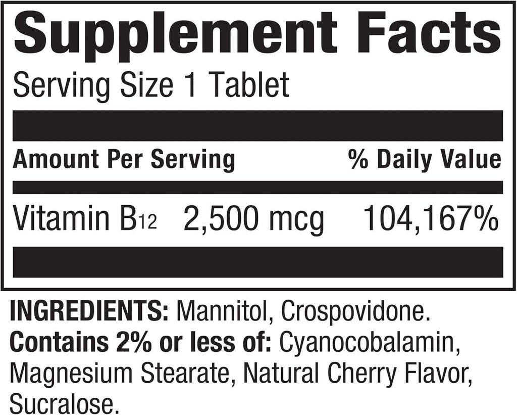 Spring Valley Vitamina B12 2500 mcg Comprimidos de Disolución Rápida, 120 Comprimidos