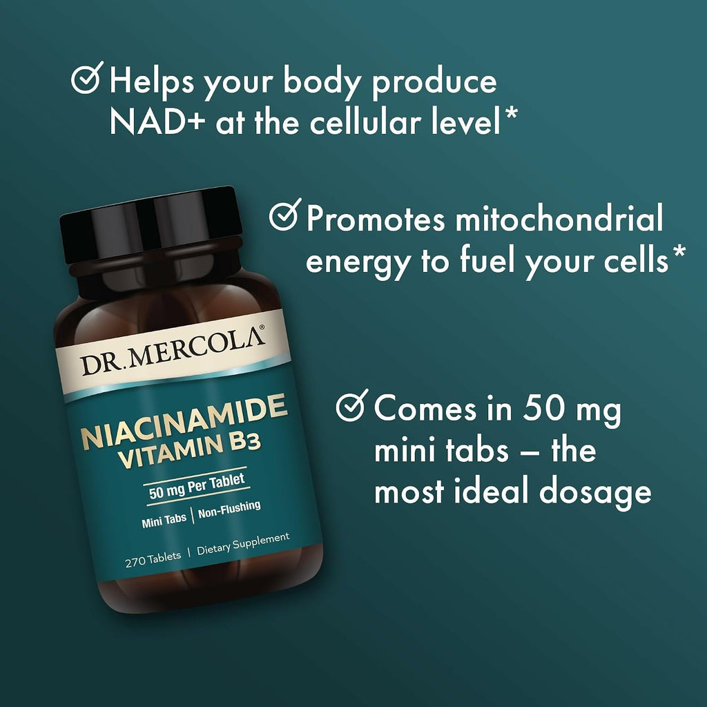 Dr. Mercola Niacinamida Vitamina B3 50 mg por Comprimido - Apoya la Salud Metabólica - Sin Enrojecimiento - Mini Comprimidos - No OGM, Sin Gluten y Sin Soja - 270 Comprimidos (Suministro para 90 Días)