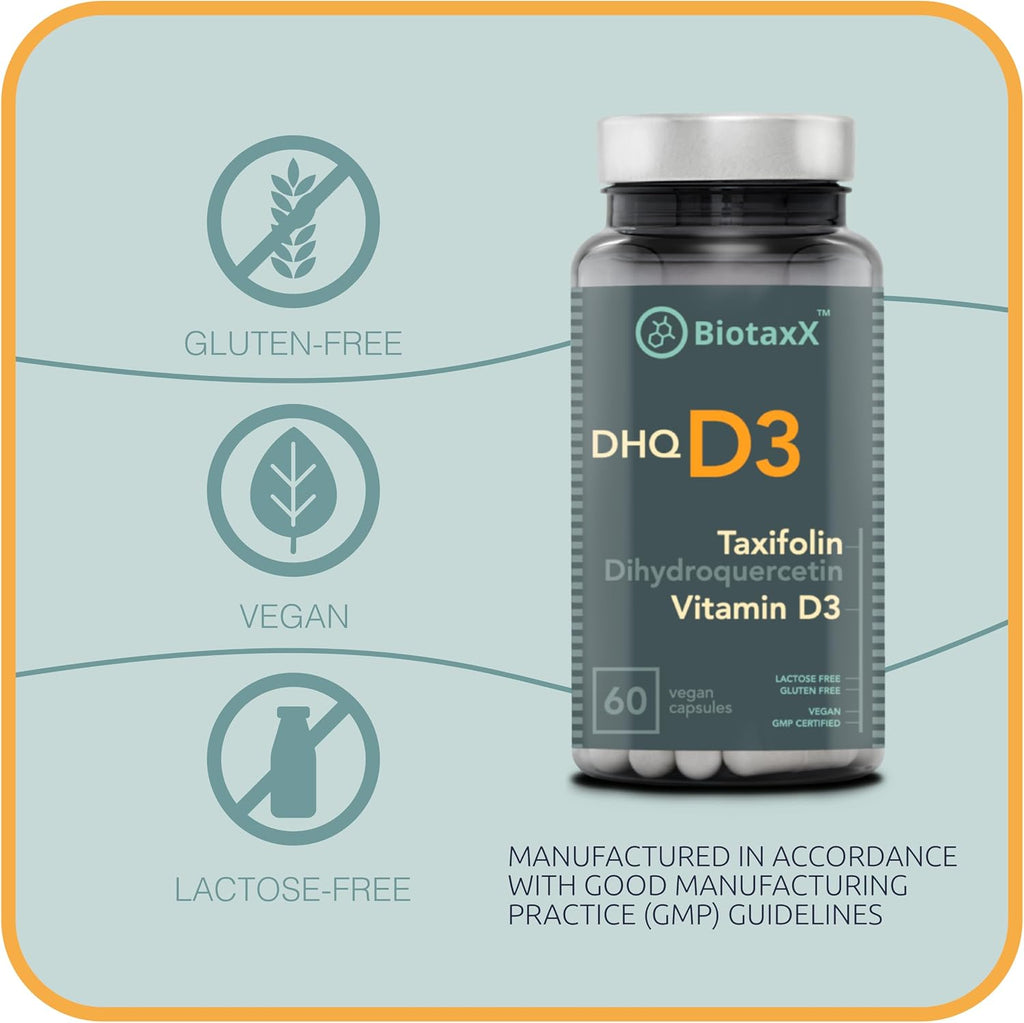 Taxifolina (Dihidroquercetina) + Vitamina D3 – 530 mg, 60 Cápsulas Veganas – Antioxidante y Salud Ósea