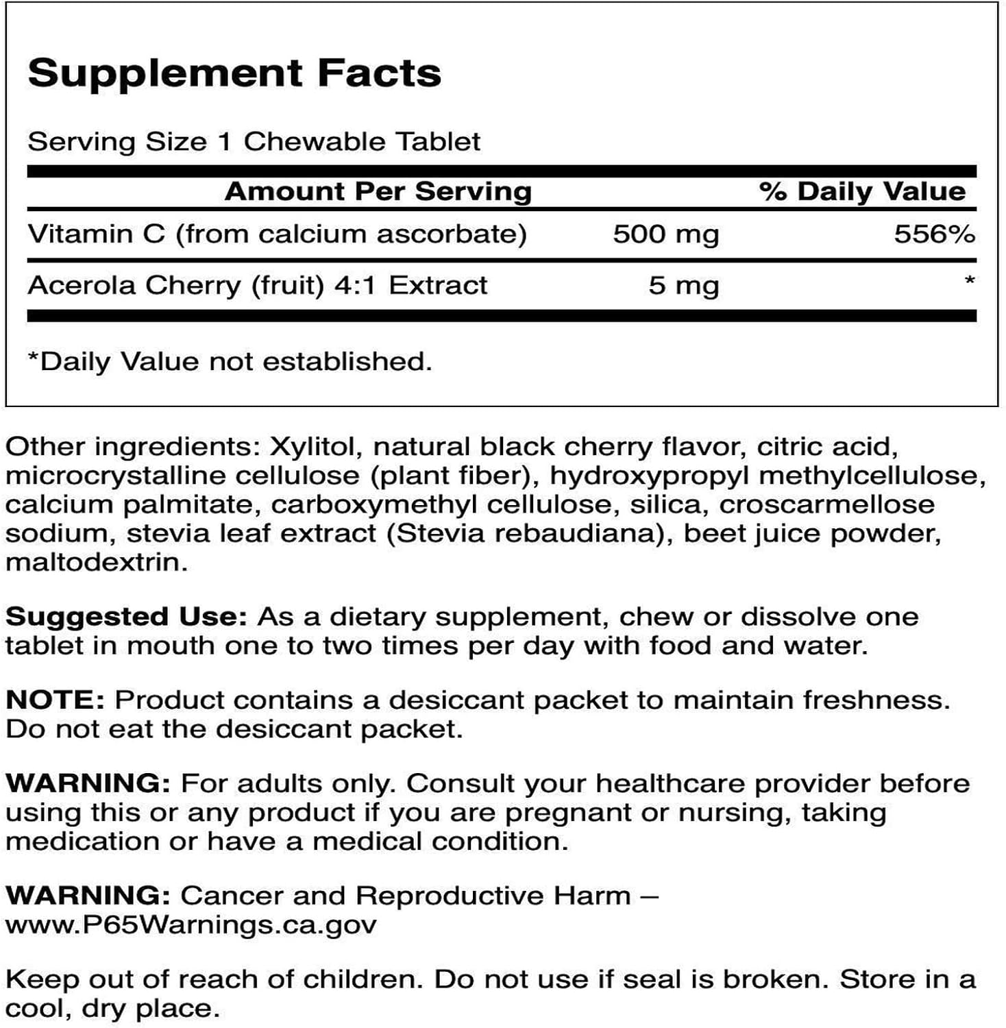 Swanson Vitamina C Masticable Sin Azúcar Sabor Cereza - 60 Comprimidos