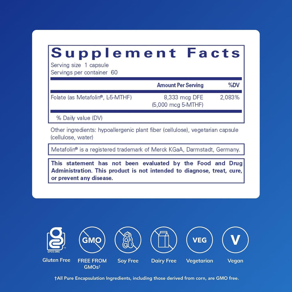 Pure Encapsulations - Folate 5,000 - Ácido Fólico Activado como 5-Metiltetrahidrofolato (5-MTHF) - 60 Cápsulas