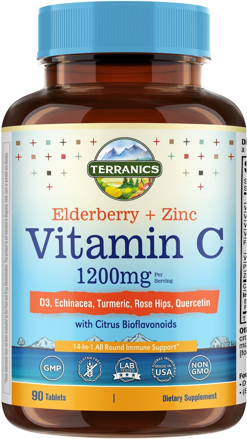 Terranics Vitamin C con Elderberry y Zinc, con Vitamina D3, A, B6, B12, Folato, Escaramujo, Bioflavonoides Cítricos, Cúrcuma, Equinácea, 14-en-1 Apoyo Inmunológico Diario, 90 Comprimidos
