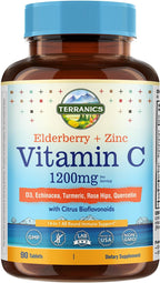 Terranics Vitamin C con Elderberry y Zinc, con Vitamina D3, A, B6, B12, Folato, Escaramujo, Bioflavonoides Cítricos, Cúrcuma, Equinácea, 14-en-1 Apoyo Inmunológico Diario, 90 Comprimidos