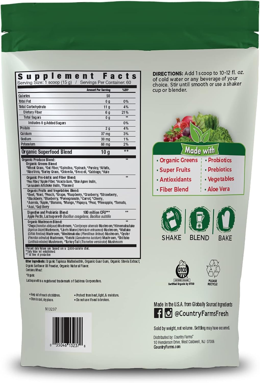 Country Farms Super Greens Sabor Natural, 50 Superalimentos Orgánicos, USDA Organic, Mezcla de Verduras, Frutas, con Fibra, Hongos y Probióticos, Apoya la Energía, 60 Porciones, 900g