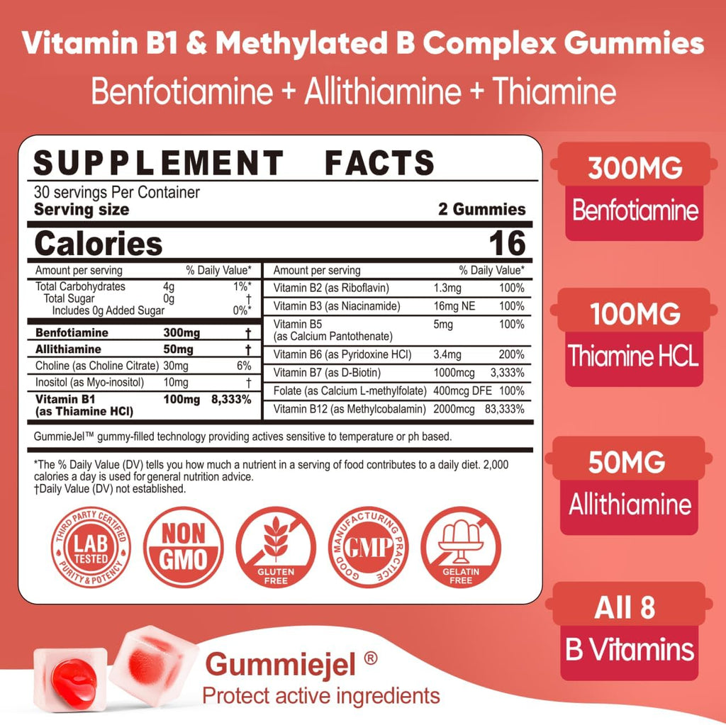 Gominolas de Vitamina B1 y Complejo B Metilado - Benfotiamina, Tiamina, Inositol - 60 uds