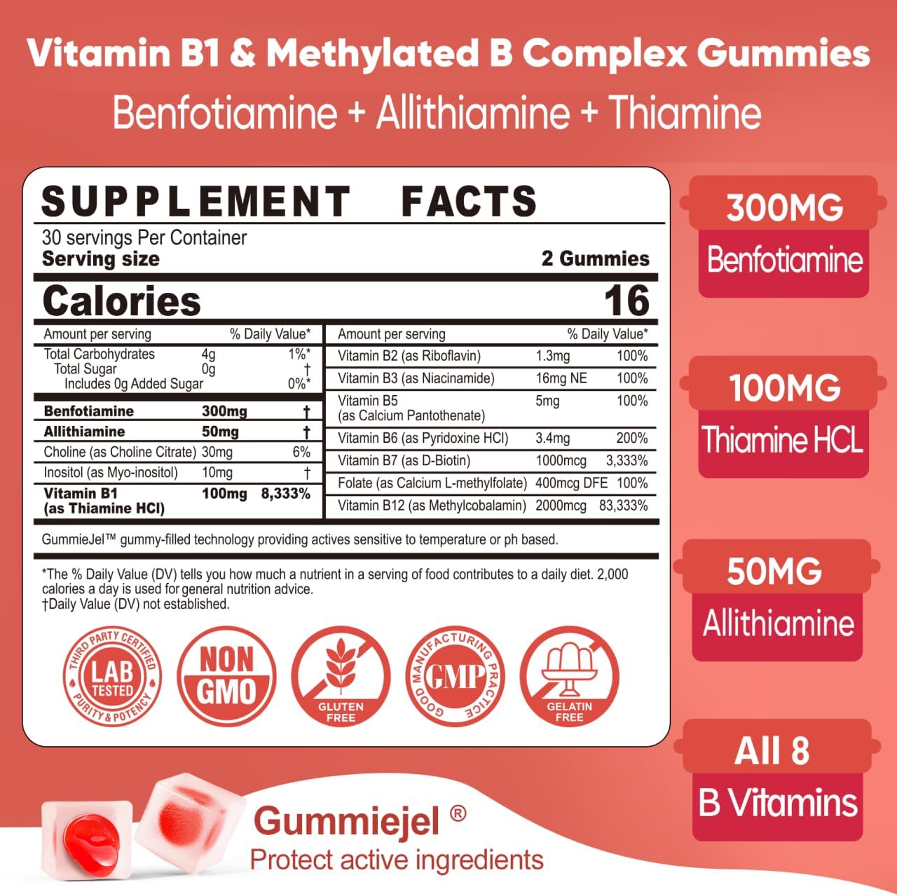Gominolas de Vitamina B1 y Complejo B Metilado - Benfotiamina, Tiamina, Inositol - 60 uds