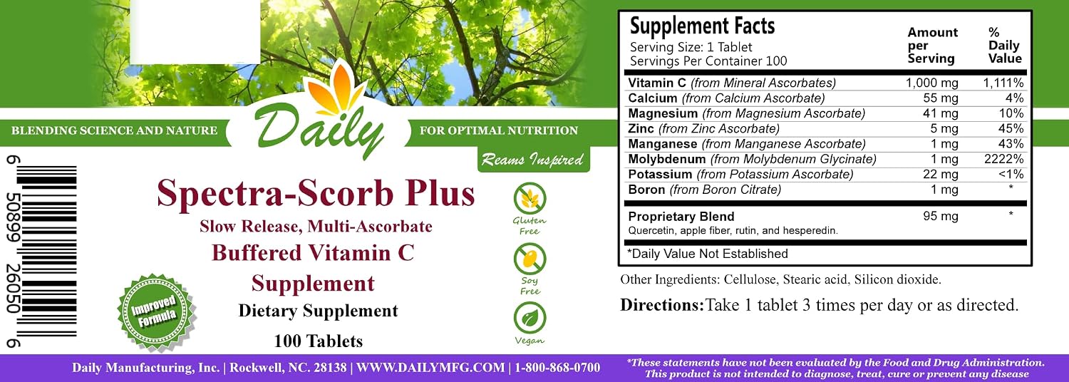 Daily Manufacturing Spectra-Scorb Plus Vitamina C en Ascorbato Mineral de Liberación Lenta, 120 Comprimidos