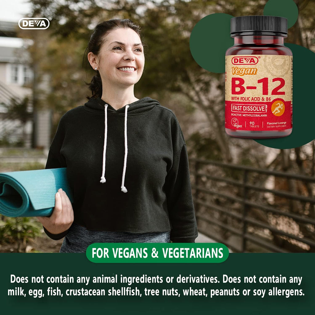 Deva Vitamina B12 Vegana de Disolución Rápida - 1000 mcg Metilcobalamina con Ácido Fólico y B6 - Sabor Limón - 90 Comprimidos