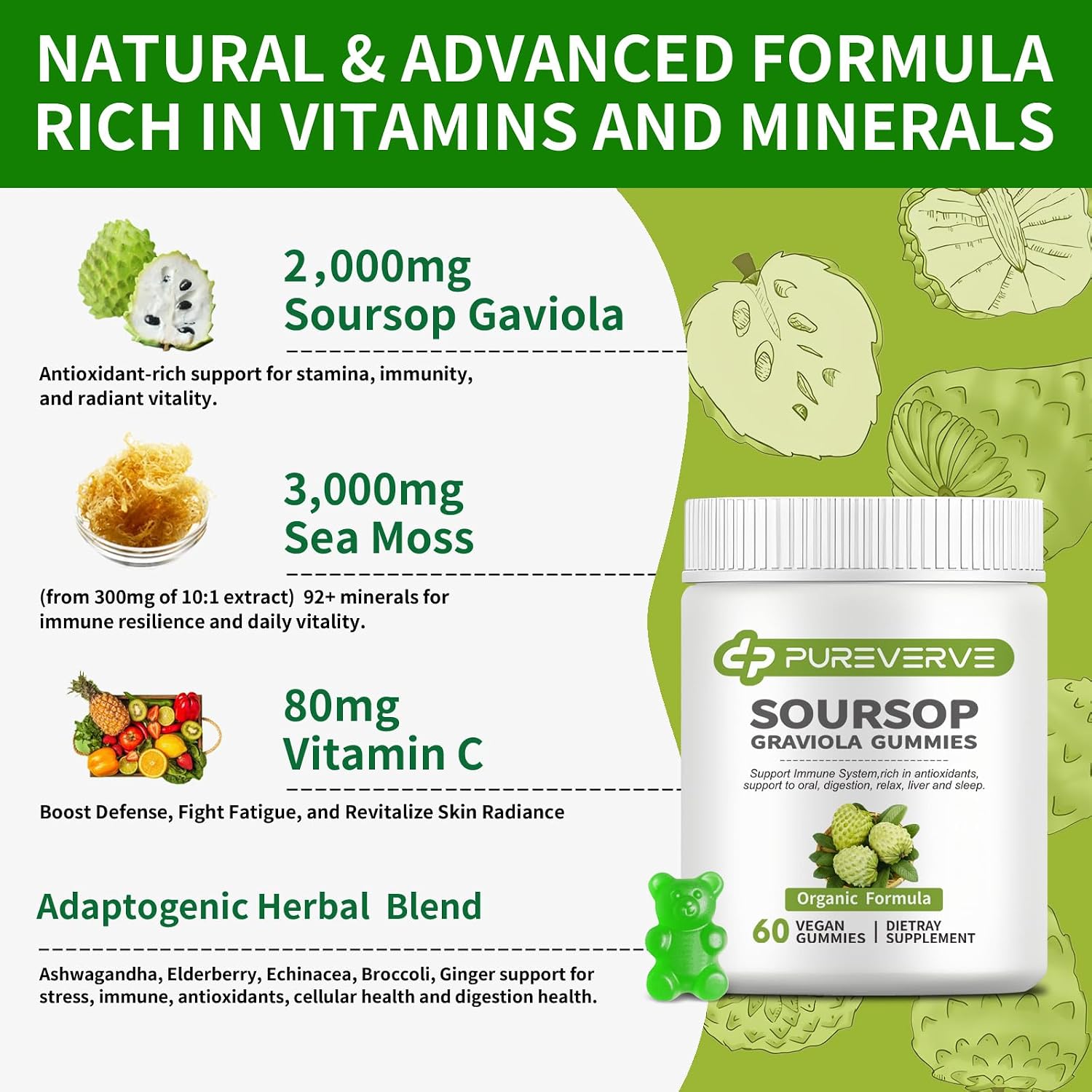 Pureverve Gominolas de Graviola Soursop - Extracto de Hojas con Musgo Marino y Zinc - Sin Azúcar, Vegano - 60 unidades