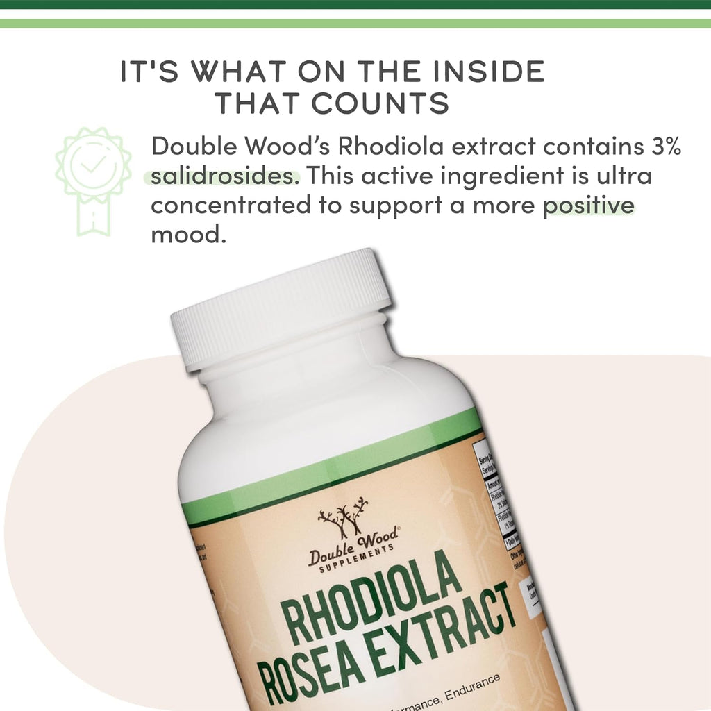 Rhodiola Rosea 500mg, 120 Cápsulas Veganas - Extracto Estandarizado (3% Salidrósidos, 1% Rosavinas) by Double Wood