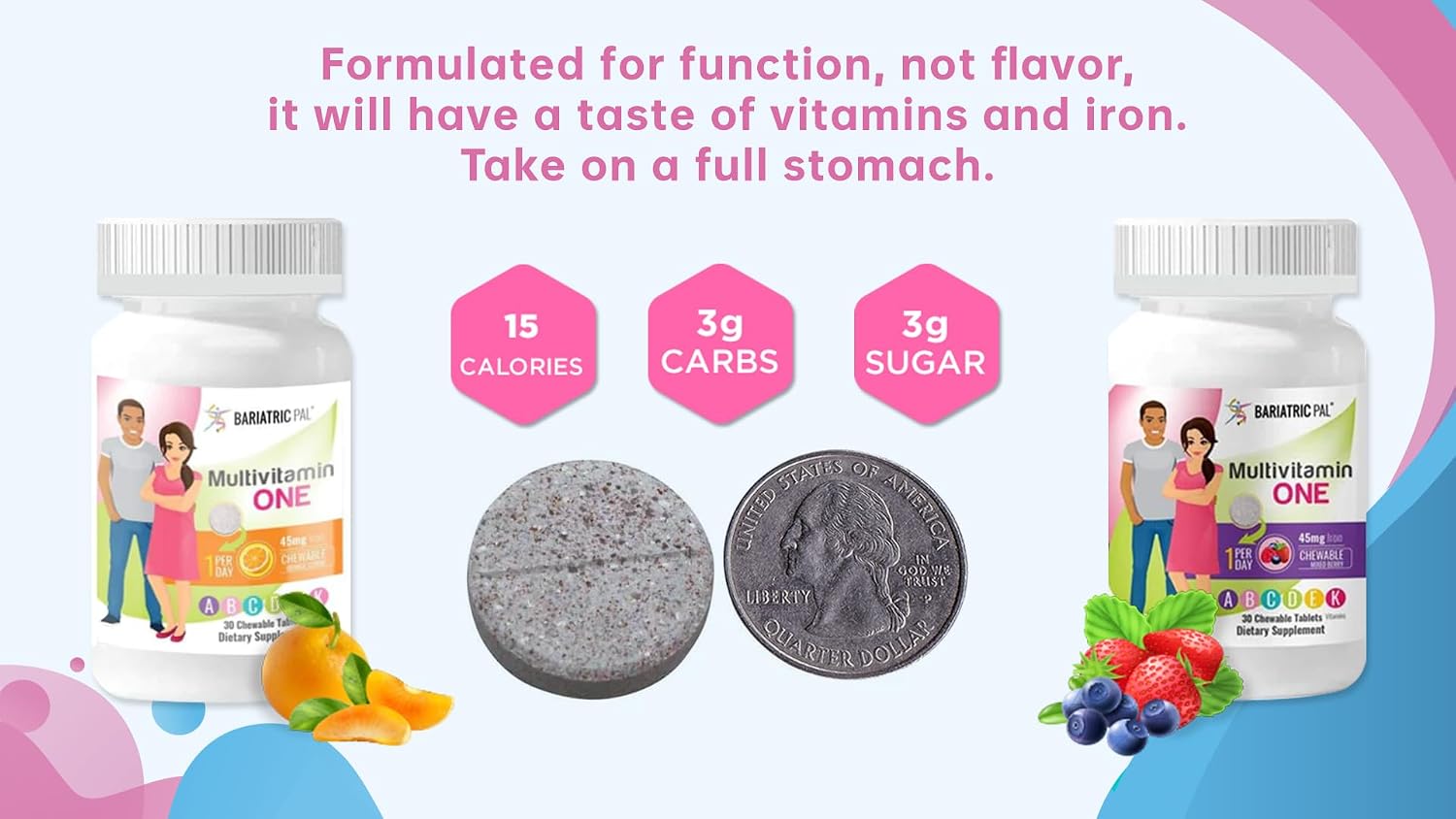 BariatricPal Multivitamin ONE - Multivitamínico Masticable con 45mg de Hierro, Sabor Mixed Berry, 30 Comprimidos