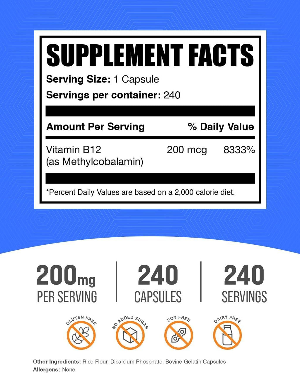 BulkSupplements.com Vitamina B12 Metilcobalamina Cápsulas - 200mcg, 240 Cápsulas
