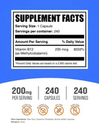 BulkSupplements.com Vitamina B12 Metilcobalamina Cápsulas - 200mcg, 240 Cápsulas