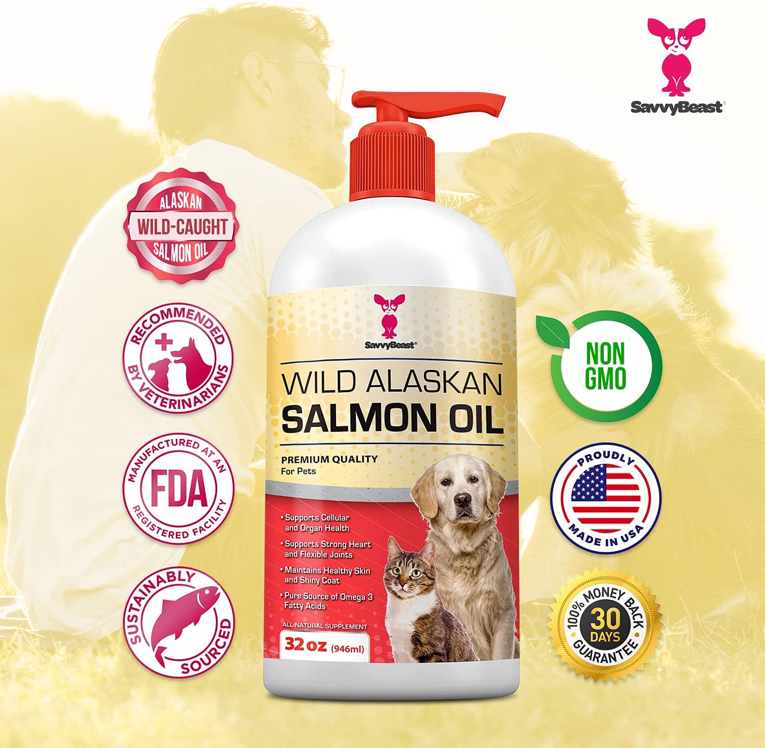 SavvyBeast Aceite de Salmón Salvaje de Alaska para Perros, Gatos y Hurones - 946 ml