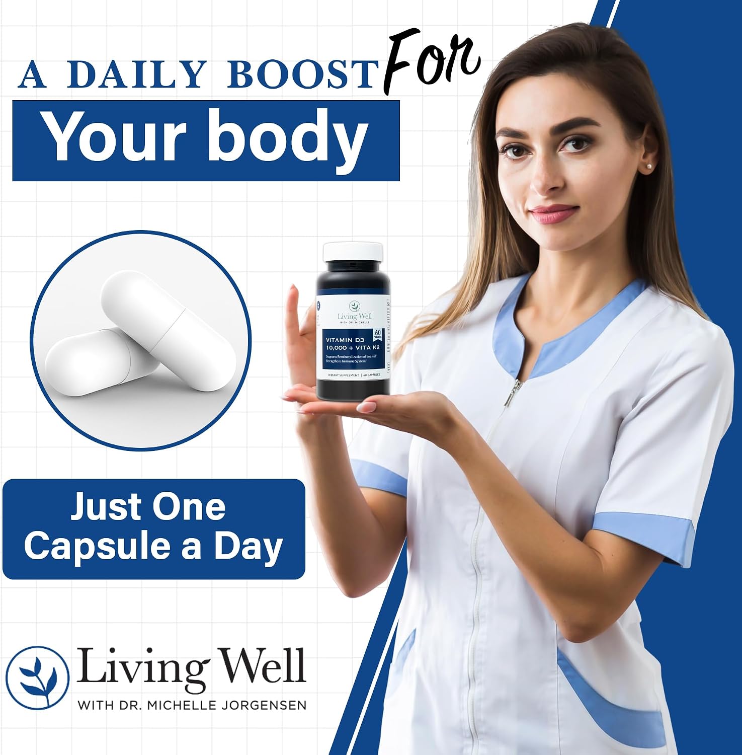 Living Well Dr. Michelle Vitamina D3 10.000 UI con K2, 60 Cápsulas