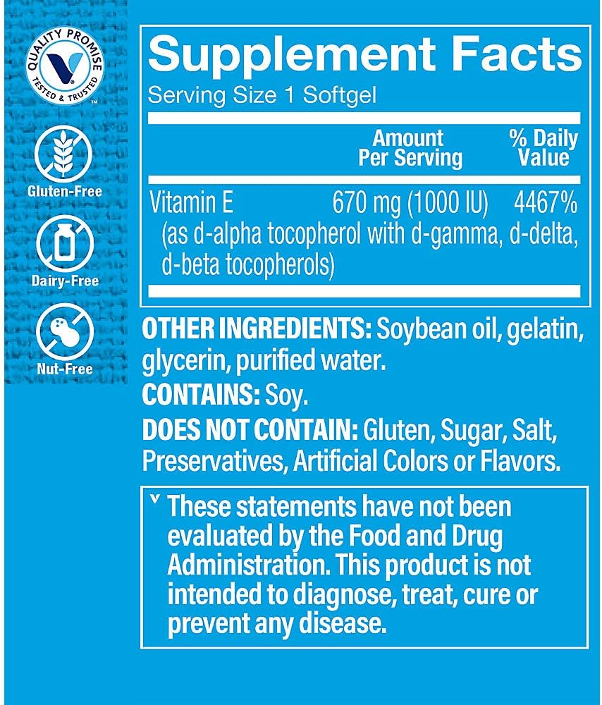 The Vitamin Shoppe Vitamina E 1000 UI - Apoyo Antioxidante para la Piel y Función Inmunológica, Vitamina Diaria (60 Cápsulas Blandas)
