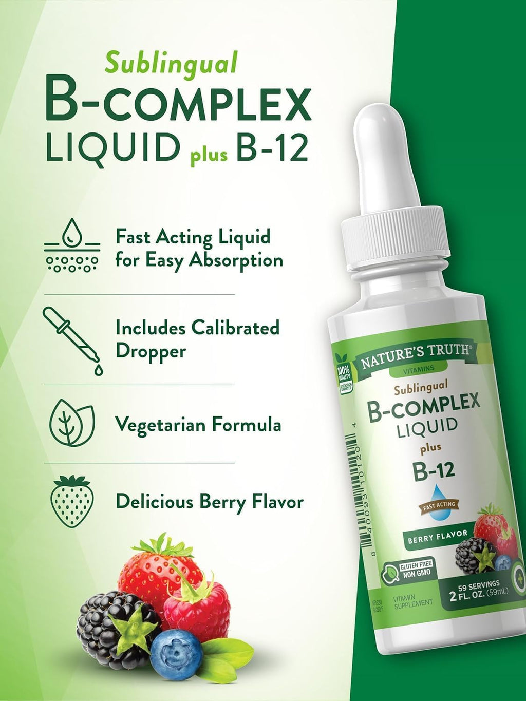 Complejo B Líquido Sublingual con B-12 Sabor Natural Arándano - 2 frascos de 59 ml