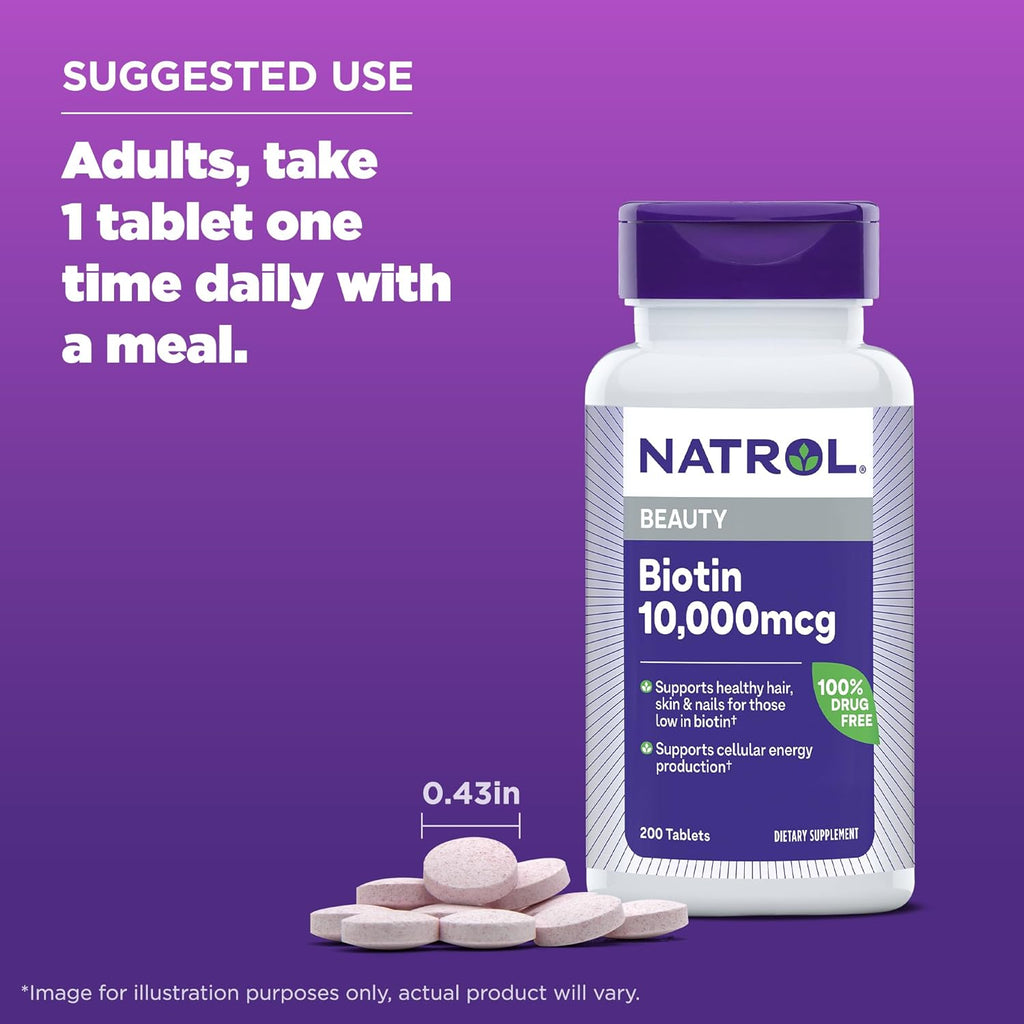Natrol Biotina 10000mcg, para Cabello, Piel y Uñas Saludables, 200 Comprimidos