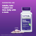 Natrol Biotina 10000mcg, para Cabello, Piel y Uñas Saludables, 200 Comprimidos