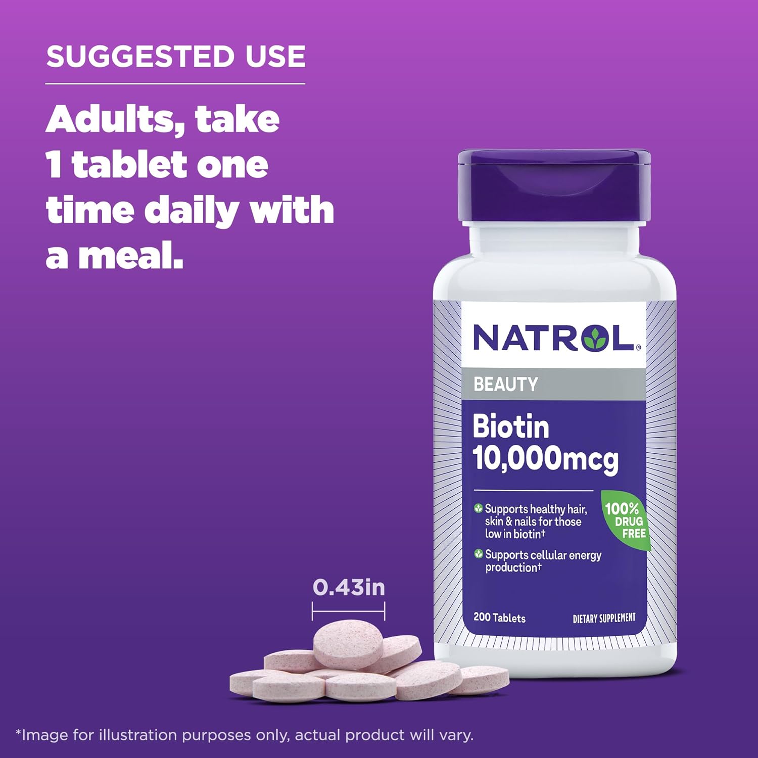 Natrol Biotina 10000mcg, para Cabello, Piel y Uñas Saludables, 200 Comprimidos