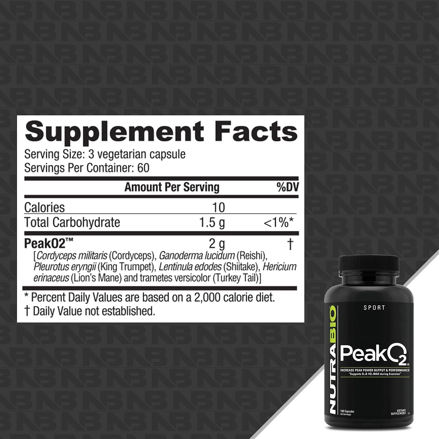 NutraBio PeakO2 Suplemento de Hongos, 180 Cápsulas - Mezcla de Hongos Adaptógenos para Rendimiento Atlético y Salud General