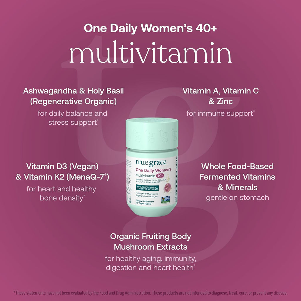 True Grace One Daily Women’s Multivitamin 40+ - Multivitamínico diario con minerales fermentados, adaptógenos y hongos orgánicos - 30 comprimidos veganos