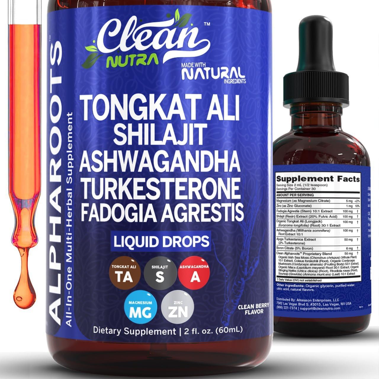 Tongkat Ali Líquido con Shilajit, Ashwagandha, Turkesterona, Fadogia Agrestis, Magnesio, Musgo Marino y Zinc - Clean Nutra