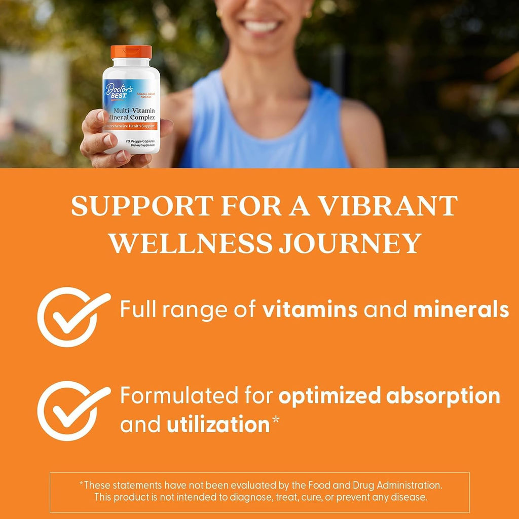 Doctor's Best Multi-Vitamin & Mineral Complex - Daily Vegan Multivitamin for Women & Men, Vitamins A, C, D3, E, K2, Riboflavin & Niacin, Adult Supplement, Non-GMO - 90 Veggie Capsules